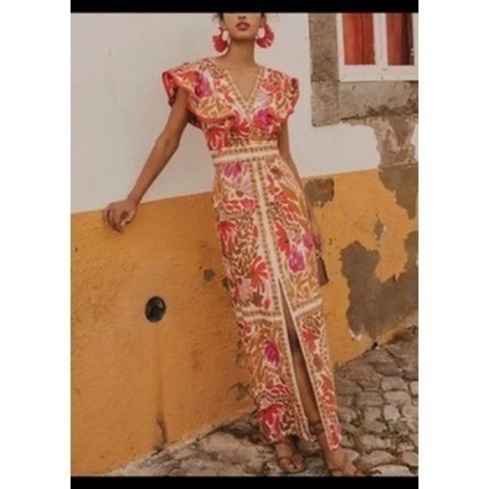 Tropical Floral Flutter Sleeve Maxi Dress Rio Pink Orange Open Back NEW Size XL
